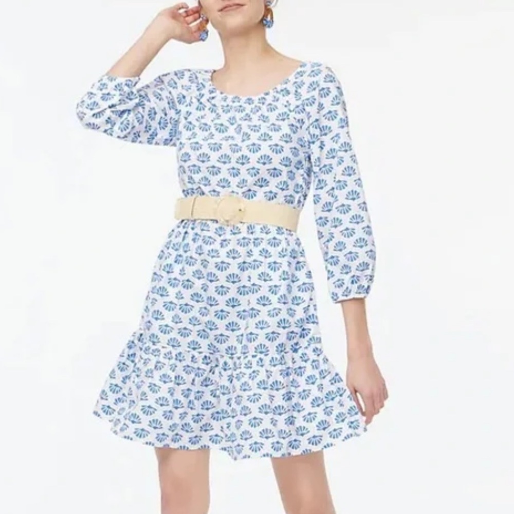 J. Crew White Blue Stamp Print Long Sleeve Tiered Blouson Dress Womens 8